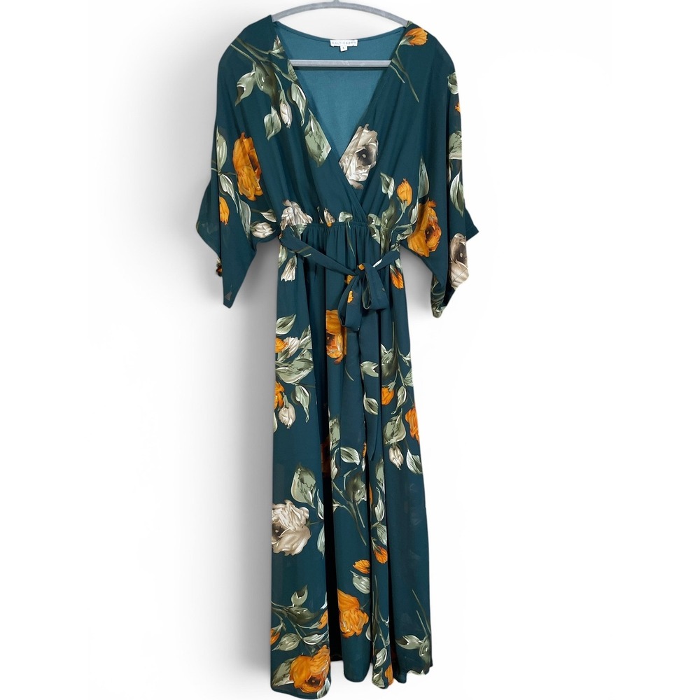 Baltic Born Kia Kimono Maxi Dress L Deep Topaz Floral Wedding Guest Boho Fall